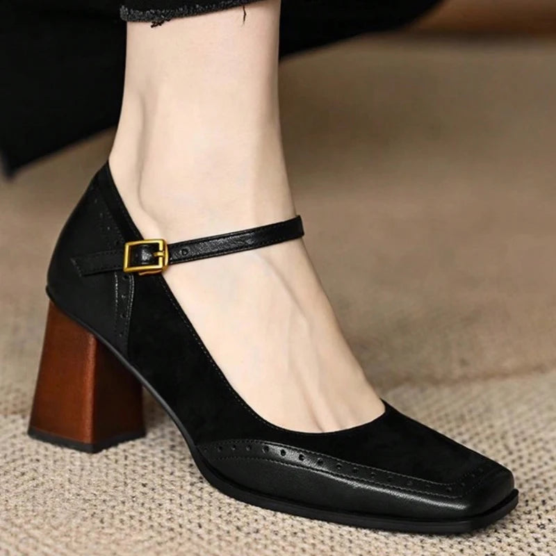 French Style Women's Black Square Toe Chunky Heel Thick Sole Buckle Slip-On Pumps