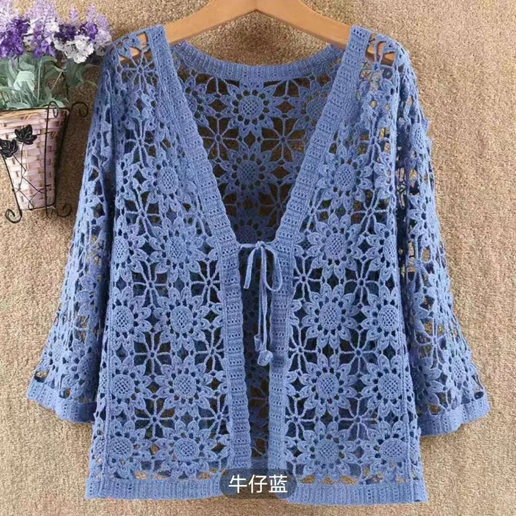 Cotton Knit Crochet Lace Open Cardigan Mid-Sleeve Summer Vintage Sweater