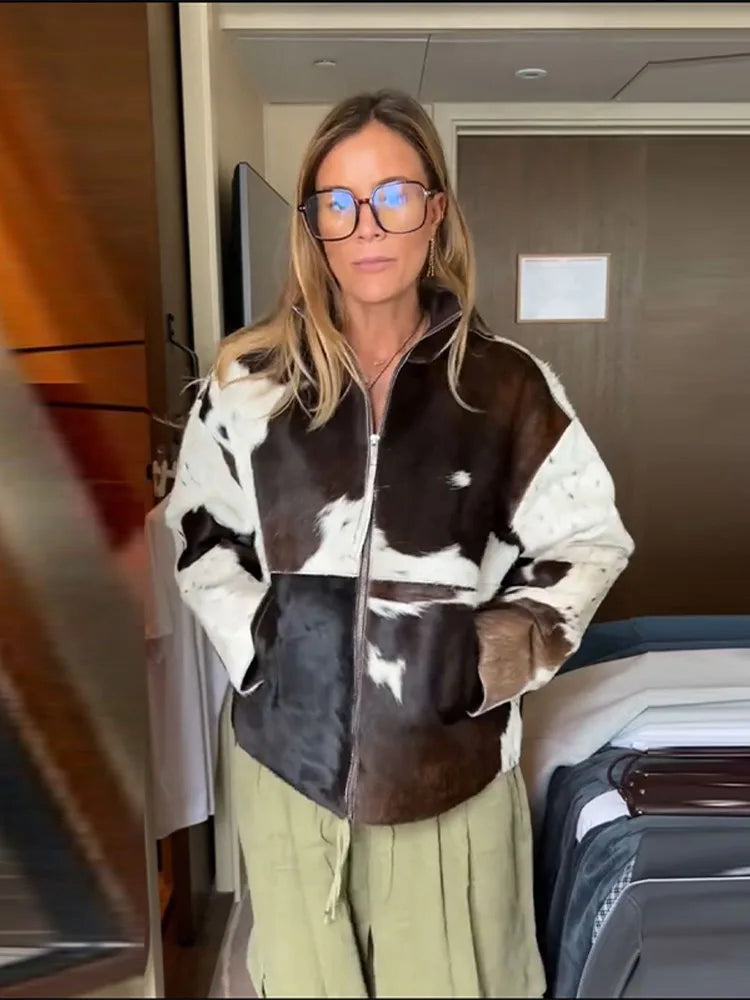 Women's Irregular Printed Jackets Cow Pattern Coats