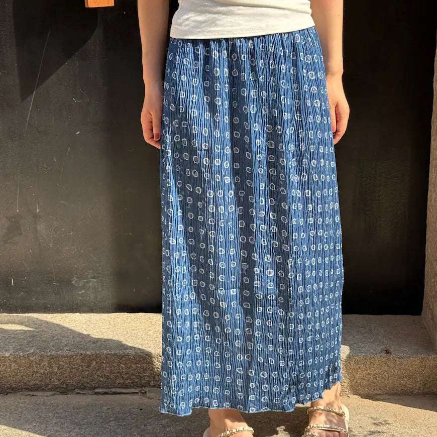 Korean Style Minimalist Printed Half Skirt Blue Versatile Floral Print Slimming Effect Elastic Waistband Split Back Half Ski