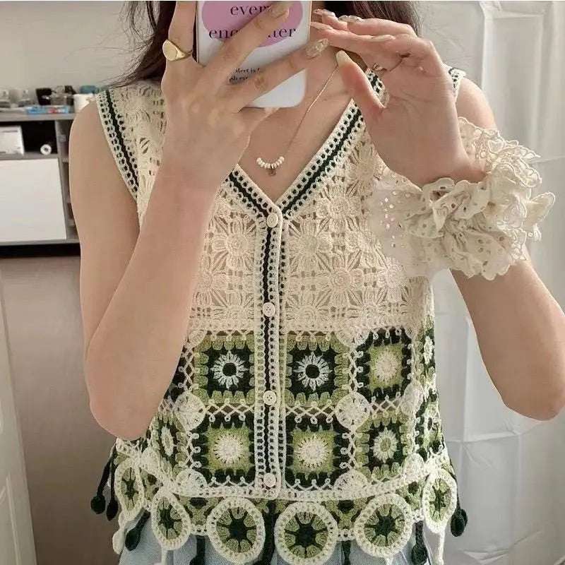 New spring and summer crochet hollow-out versatile vest for women loose V-neck sleeveless short tops