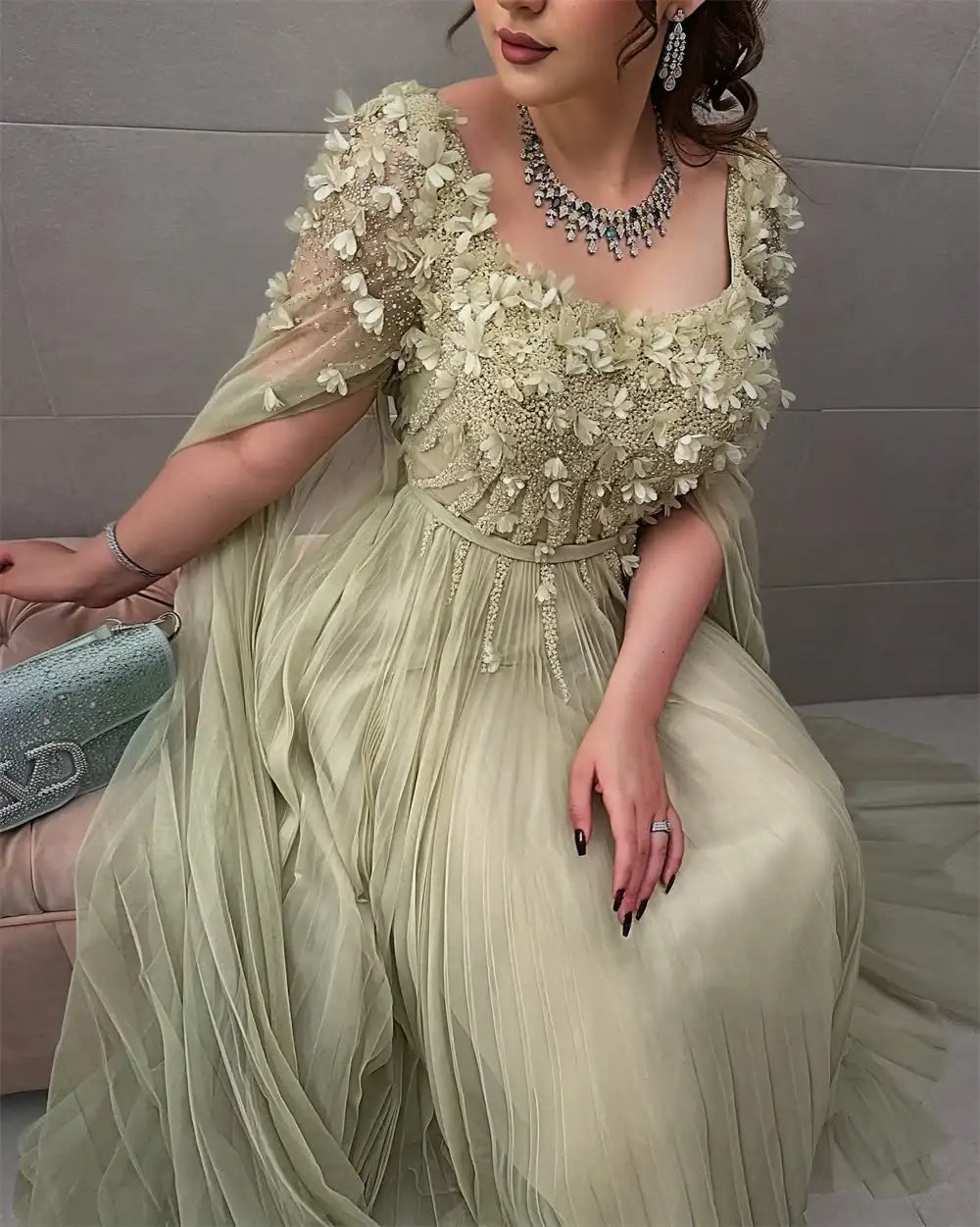 Sansa Green 3D Flowers Beading Prom Dresses