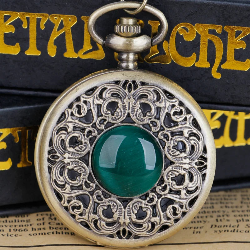 Vintage Arabic Numerals Face Hollowed-Out Carving Jade Quartz Pocket Watch