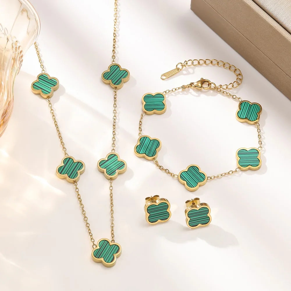 Four-Leaf Clover Necklace and Bracelet Jewelry Set