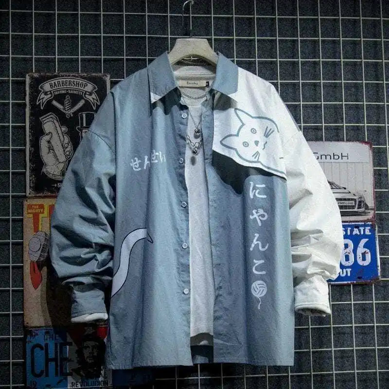 Japanese Style Spring Autumn Men Hoodie Cute Cat Print Patchwork Hoodies Fashion Anime Harajuku Male Sweatshirt