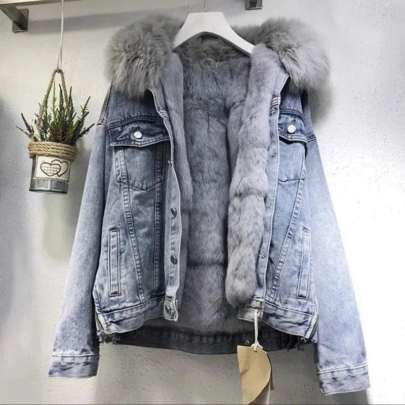 Winter Women Warm Basic Coat Big Fur Collar Denim Jacket