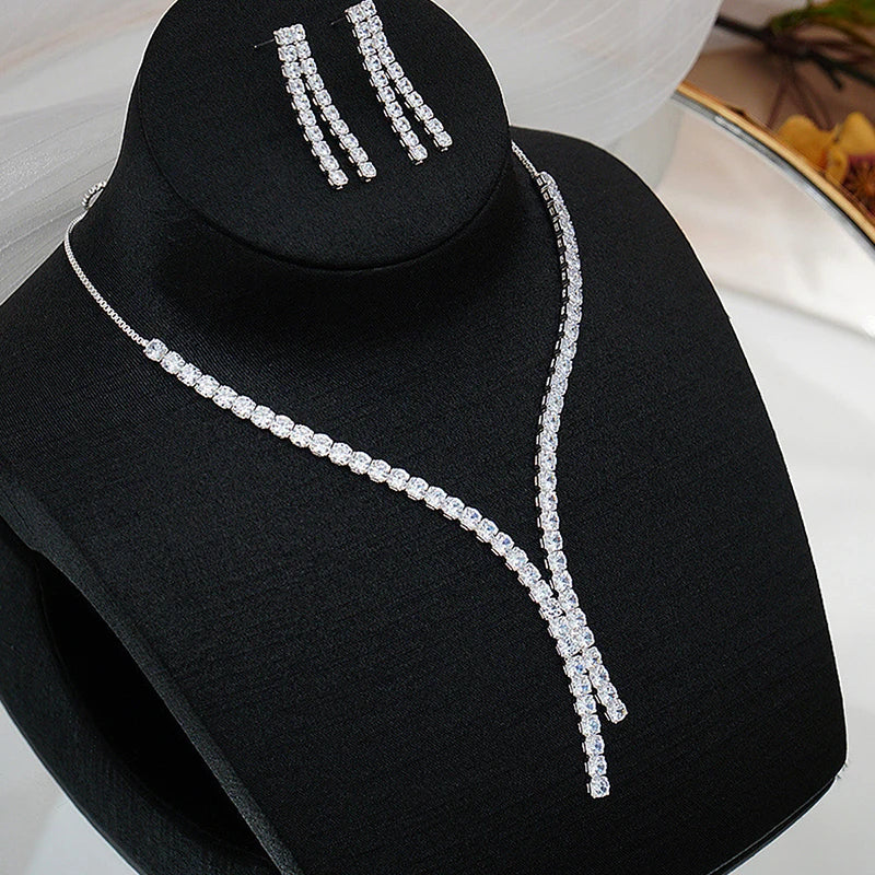 2 Pcs Simple Geometric Zircon Necklace Earrings Kit