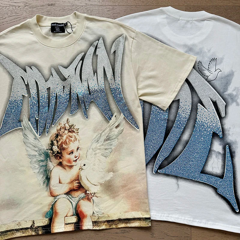 High Street Fashion Angel Print Hot Drill Streetwear MIXED EMOTION T-shirt