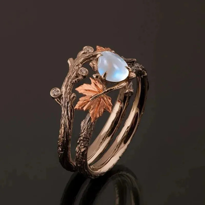 Vintage Boho Hollow Leaf Moonstone Ring for Women