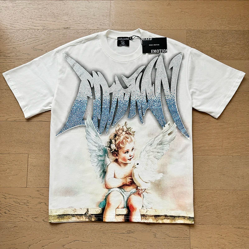 High Street Fashion Angel Print Hot Drill Streetwear MIXED EMOTION T-shirt