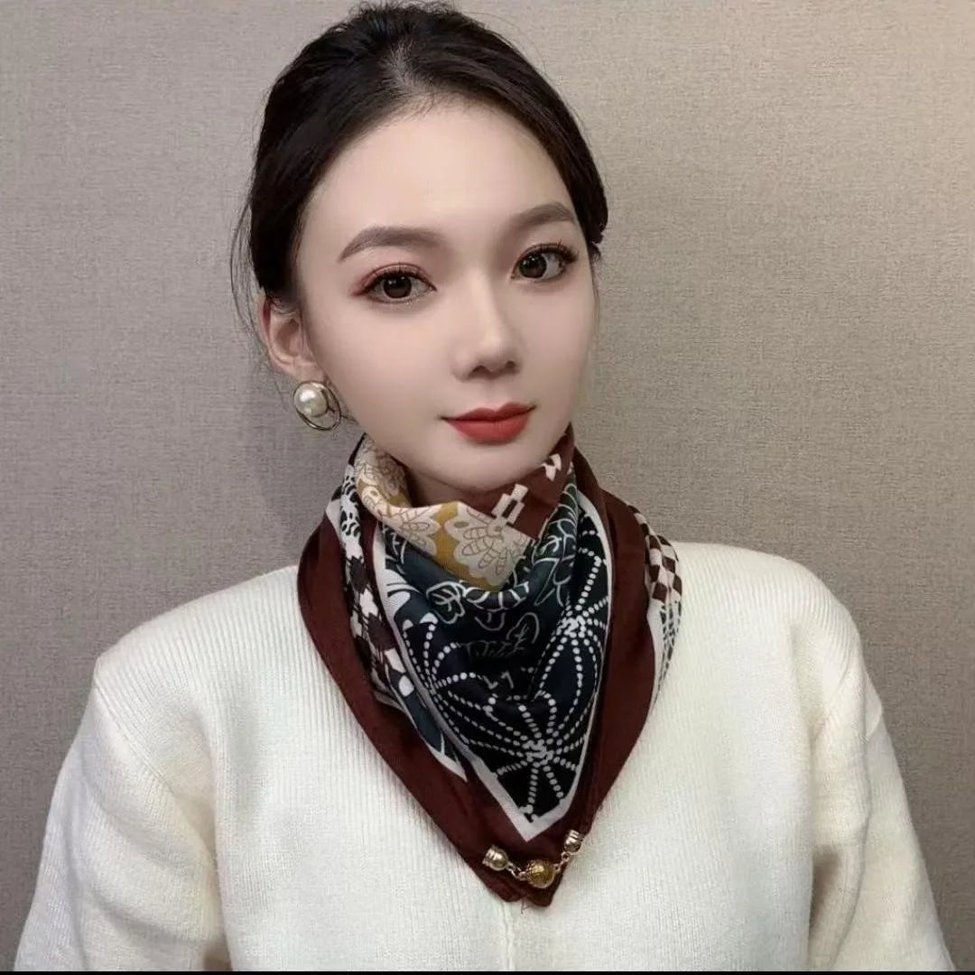 Luxury Magnetic Buckle Striped Silk Scarf