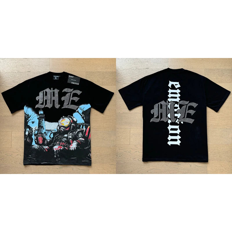 High Street Fashion Angel Print Hot Drill Streetwear MIXED EMOTION T-shirt