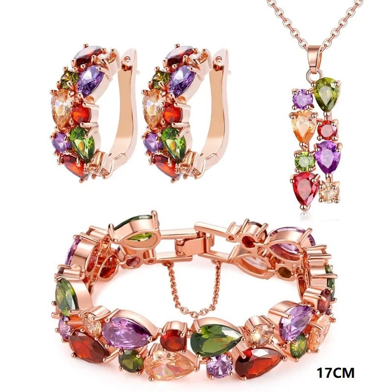 Retro Sweet Rose Gold Color Multi Cubic Zirconia Jewelry Sets