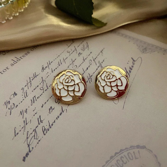 Vintage Enamel Imitation Pearls Geometric Flower Metal Stud Earring