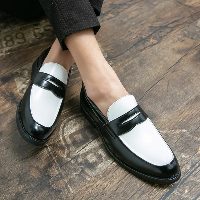 Luxury Brand Black and White Color block Loafers Men Slip-On Classic Style Casual Leather Shoes