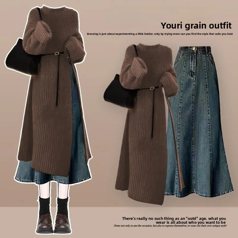 Autumn-Winter Knitted Sweater and Denim Skirt Set