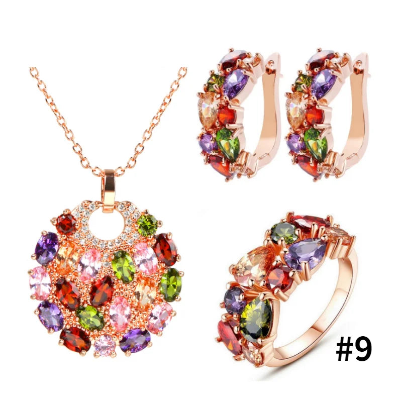 Retro Sweet Rose Gold Color Multi Cubic Zirconia Jewelry Sets