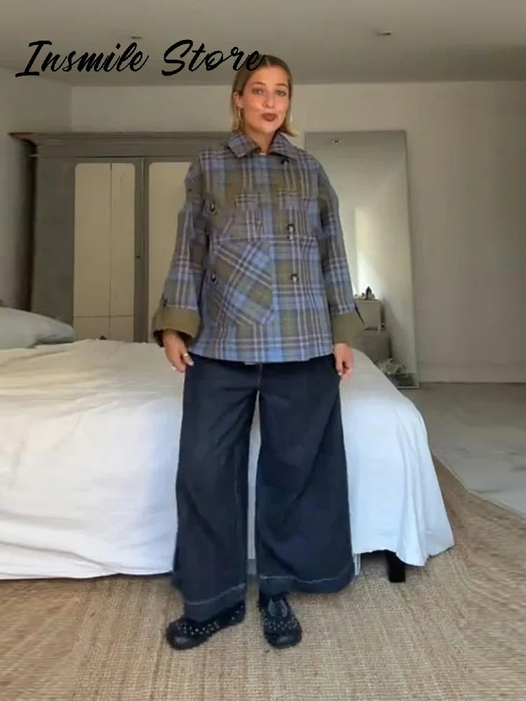 Chic Plaid Double Side Coats Women Lapel Single Breasted Long Sleeve Pocket Lace Up Jacket