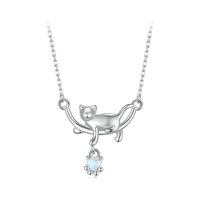 WOSTU 925 Sterling Silver Cute Cat Rabbit Necklace Star Zircon Moon Pendant Necklace