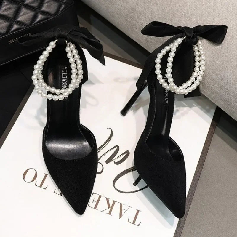 Black Design String Bead Pearls Women's Pumps