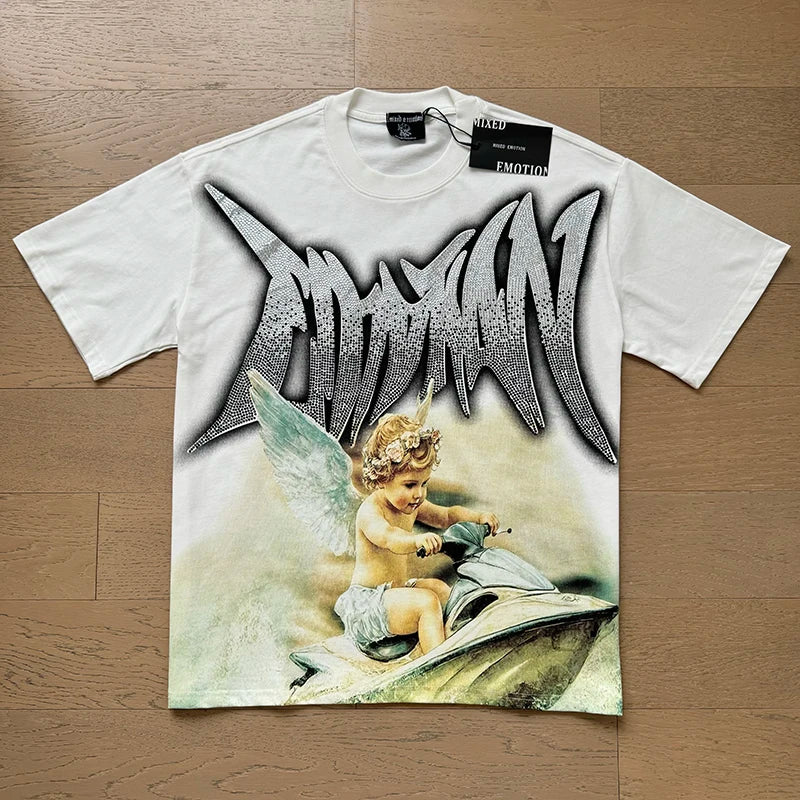 High Street Fashion Angel Print Hot Drill Streetwear MIXED EMOTION T-shirt