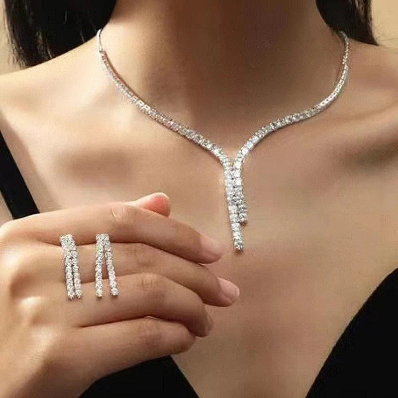 2 Pcs Simple Geometric Zircon Necklace Earrings Kit