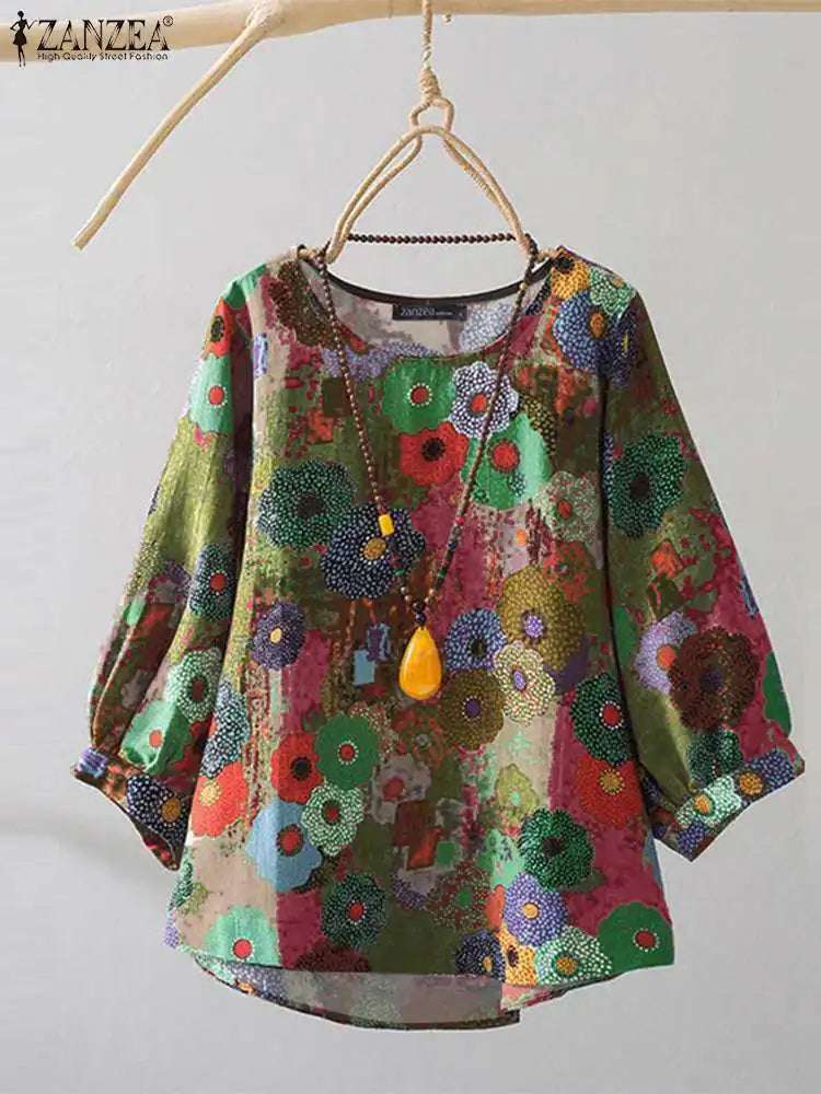 ZANZEA Women Long Sleeve Blouse 2024 Autumn Retro Floral Print Shirts Vintage Office Lady Cotton Chemise Holiday Round Neck Tops