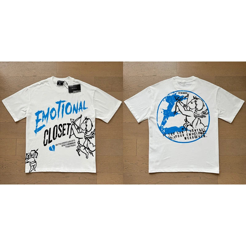 High Street Fashion Angel Print Hot Drill Streetwear MIXED EMOTION T-shirt