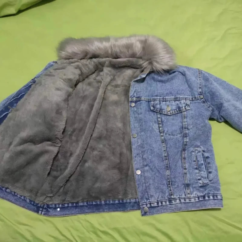 Winter Women Warm Basic Coat Big Fur Collar Denim Jacket
