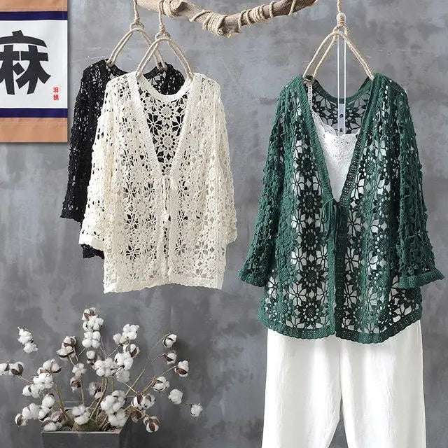 Cotton Knit Crochet Lace Open Cardigan Mid-Sleeve Summer Vintage Sweater