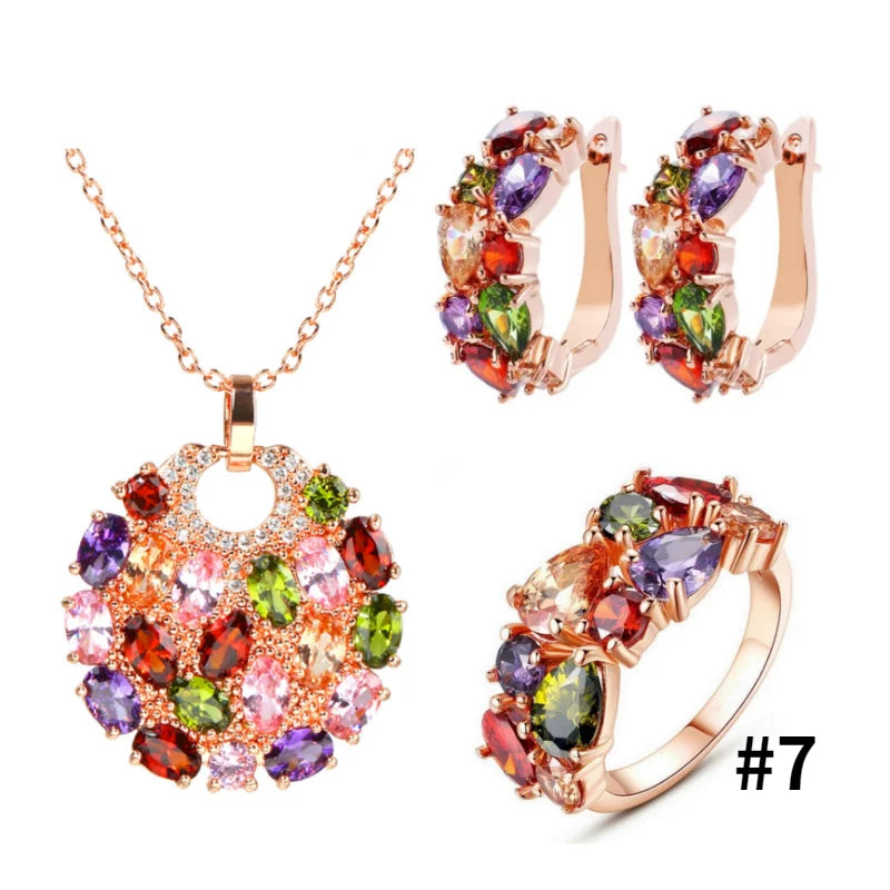 Retro Sweet Rose Gold Color Multi Cubic Zirconia Jewelry Sets