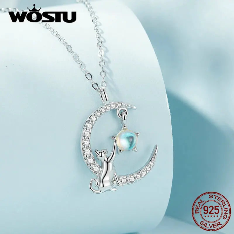 WOSTU 925 Sterling Silver Cute Cat Rabbit Necklace Star Zircon Moon Pendant Necklace