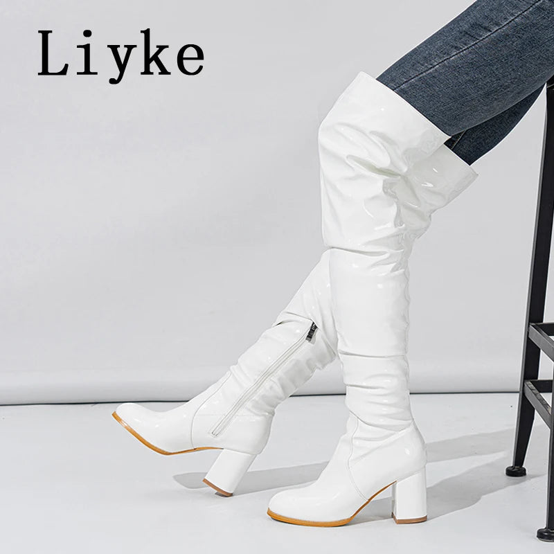 Liyke Autumn Winter White Patent Leather Over The Knee Boots