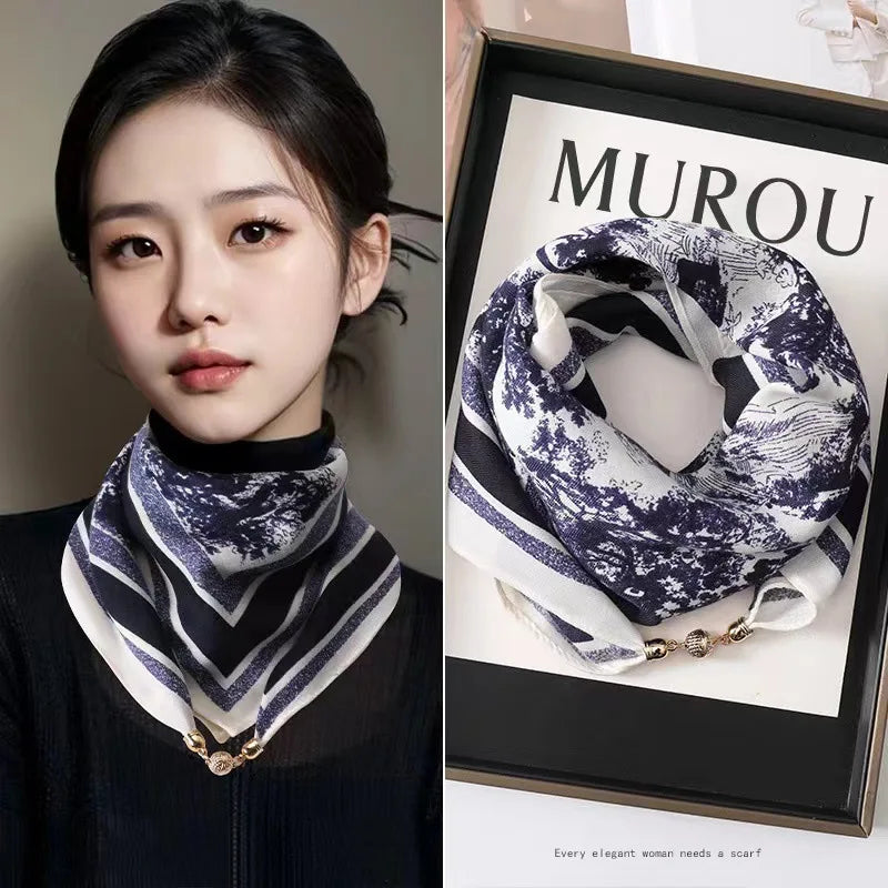Luxury Magnetic Buckle Striped Silk Scarf