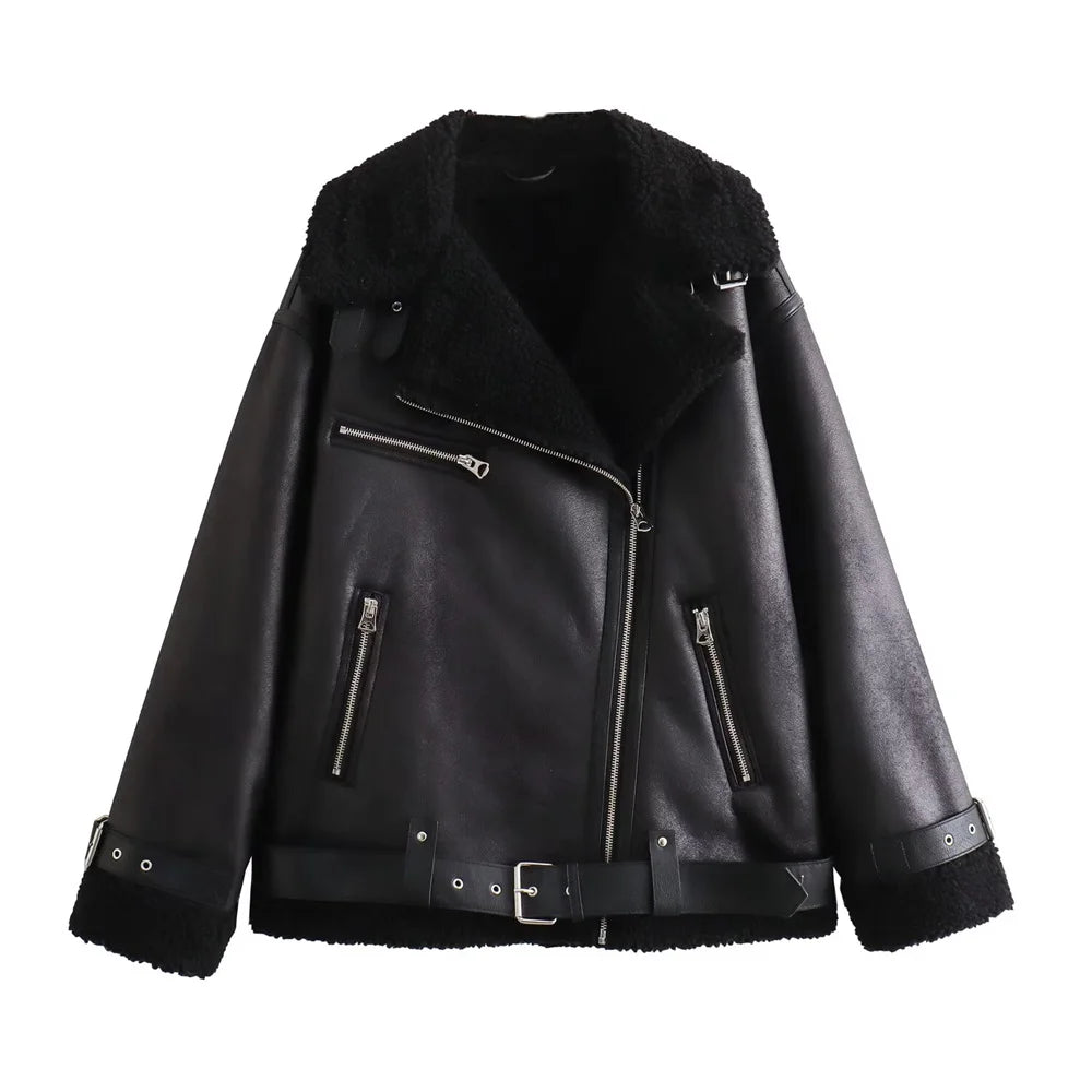 Women's European and American Style Loose Fashion with Belt Double sided Collar Jacket