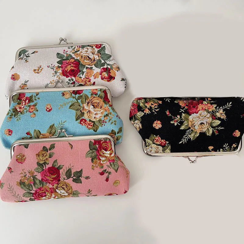 Women's Vintage Floral Pattern Coin Purse, Kiss-Lock Clutch Purse