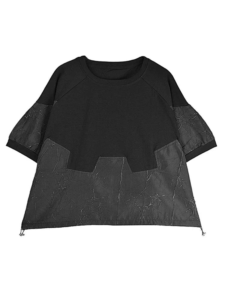 Shirring Patchwork Print O-neck T-shirts