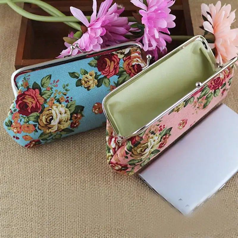 Women's Vintage Floral Pattern Coin Purse, Kiss-Lock Clutch Purse