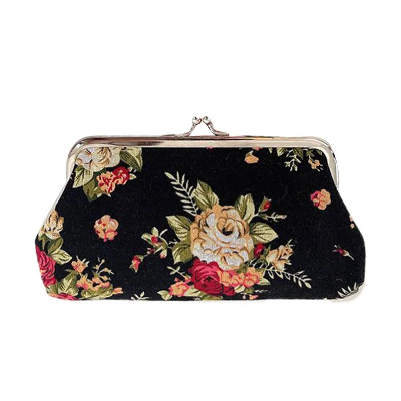 Women's Vintage Floral Pattern Coin Purse, Kiss-Lock Clutch Purse