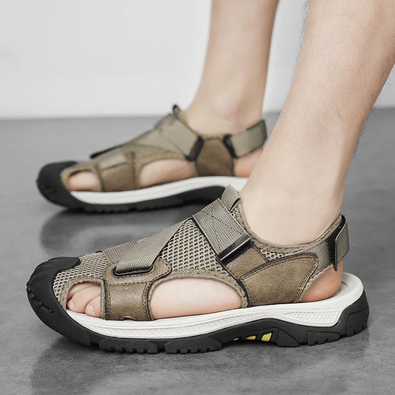Male Beach Shoes Anti-Slip Anti-collision Toe Summer Flats Soft Leather Men Sandals