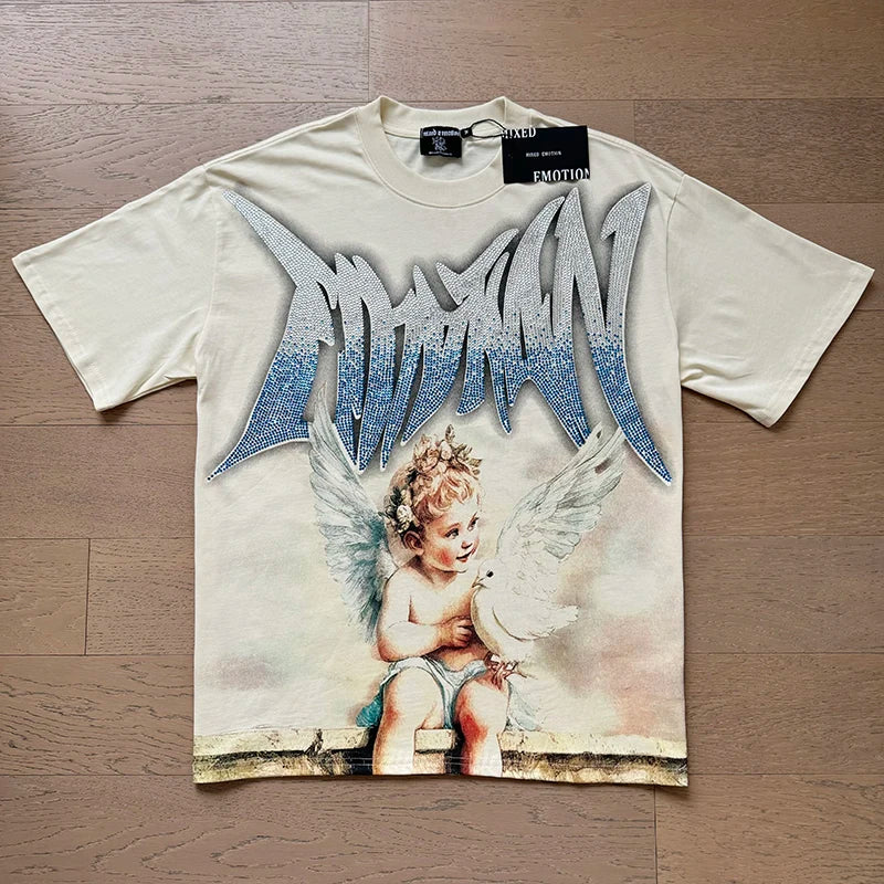 High Street Fashion Angel Print Hot Drill Streetwear MIXED EMOTION T-shirt