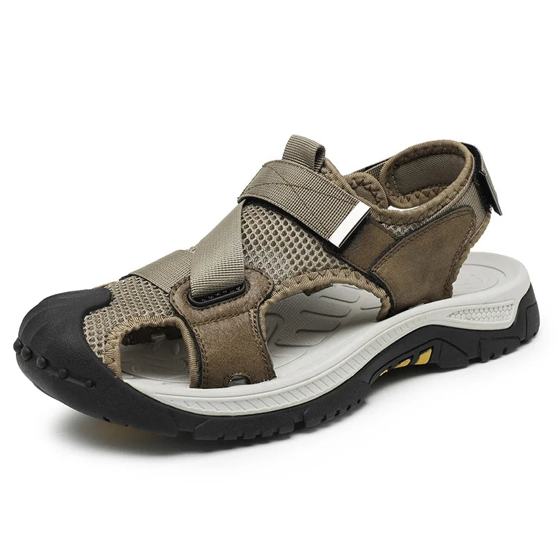 Male Beach Shoes Anti-Slip Anti-collision Toe Summer Flats Soft Leather Men Sandals