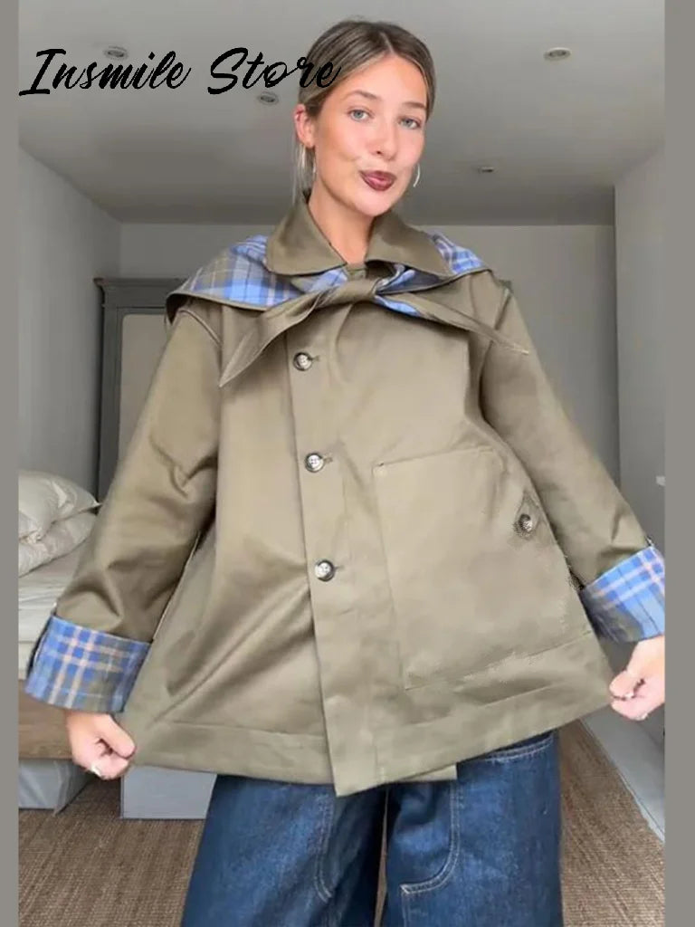 Chic Plaid Double Side Coats Women Lapel Single Breasted Long Sleeve Pocket Lace Up Jacket