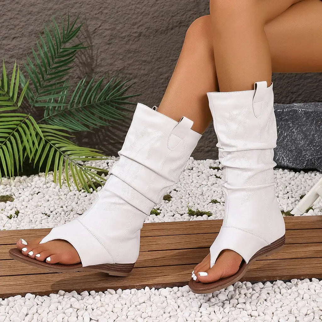 Embroidered Clip-Toe Wedge Heel Stylish Breathable Western Boots