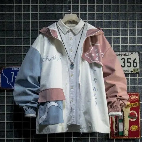 Japanese Style Spring Autumn Men Hoodie Cute Cat Print Patchwork Hoodies Fashion Anime Harajuku Male Sweatshirt