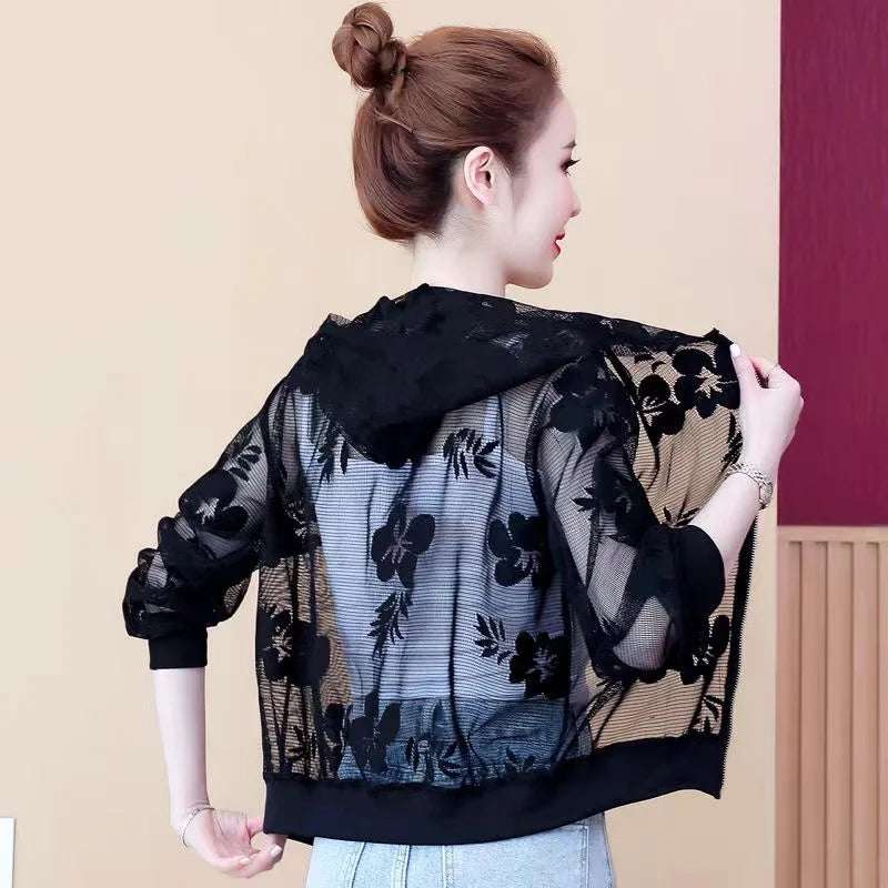 Sunscreen clothes for women summer mesh thin style stylish shawl short style versatile hooded top for women