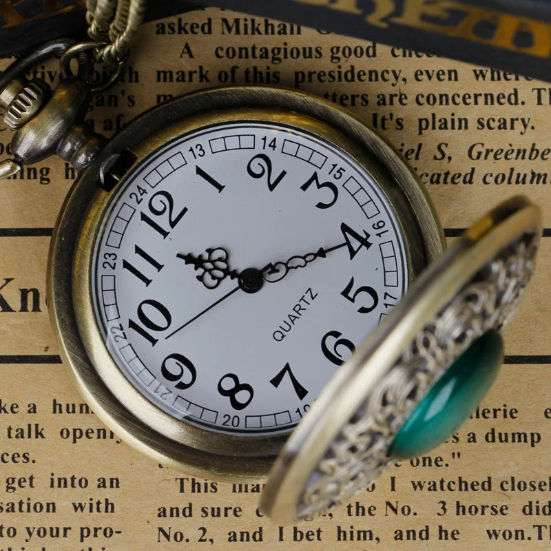 Vintage Arabic Numerals Face Hollowed-Out Carving Jade Quartz Pocket Watch