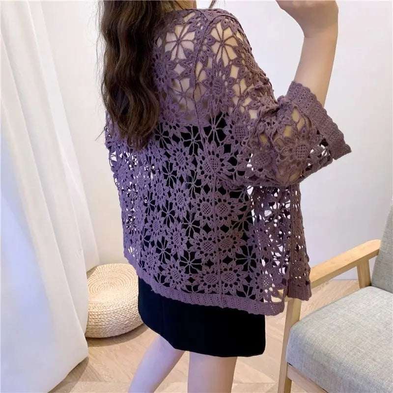 Cotton Knit Crochet Lace Open Cardigan Mid-Sleeve Summer Vintage Sweater