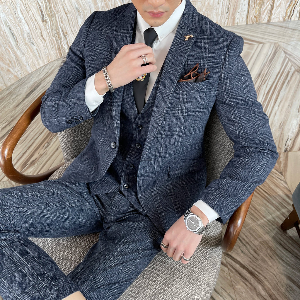 British Korean Style High Quality Modified Plaid Three-Piece Suit for Men - Stylish Business Casual Suit Vest And Trousers Set