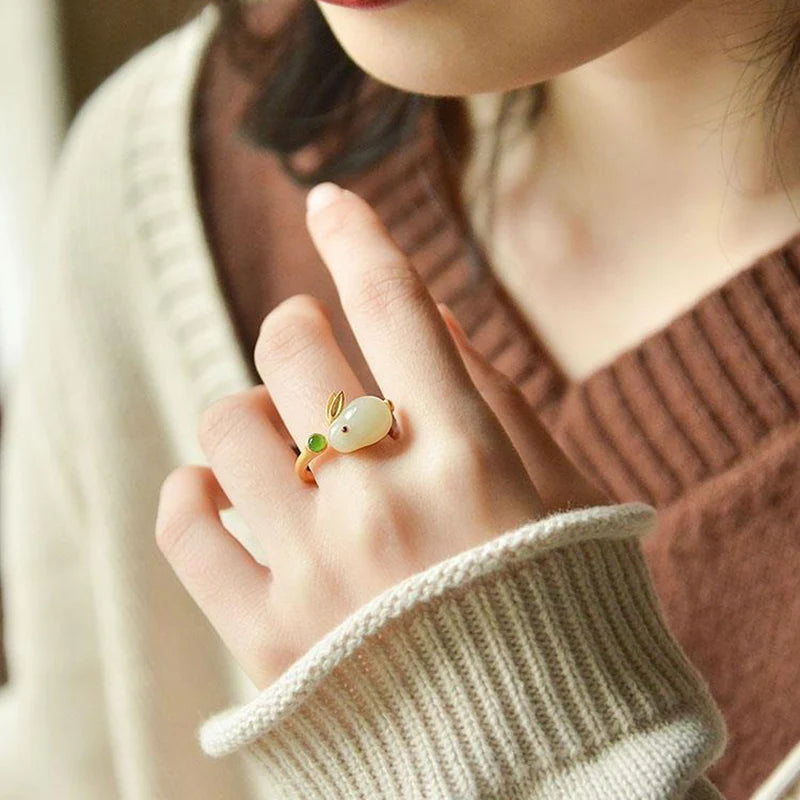 Inspired design natural Hetian jade rabbit adjustable ring earrings bracelet set